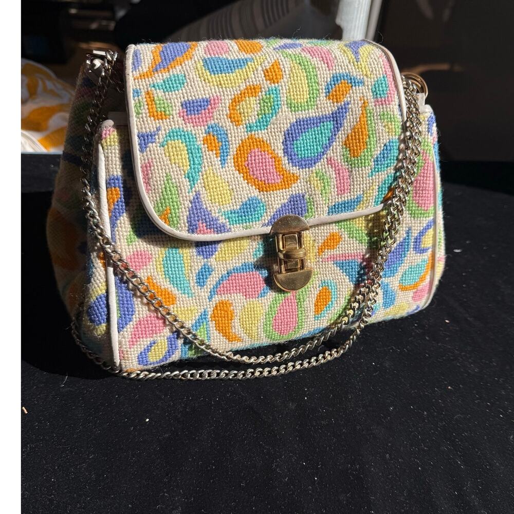 Vintage Needlepoint Handbag Pastel Abstract Paisley Shoulder Bag Chain Strap 60s